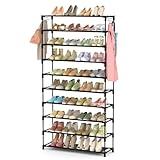 LANTEFUL 10 Tiers Shoe Rack 50 Pairs Large Capacity Tall Shoe Organizer Sturdy Shoe Storage with Two Hooks Space Saving Metal Wide Shoe Rack for Closet, Entryway, Bedroom, Black