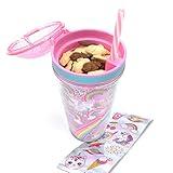 Snack and Drink Cup, Rainbow Theme, Kid's Combo All-in-One Tumbler for On-The-Go, Bonus Sheet of Fun Unicorn and Caticorn Stickers, Straw Included, Pink