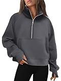 AUTOMET Womens Sweatshirts Half Zip Cropped Pullover Fleece Quarter Zipper Hoodies 2024 Fall Fashion Outfits Clothes Thumb Hole DarkDrey S