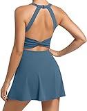 Womens Workout Tennis Dress with Built in Shorts and Bra Athletic Golf Activewear for Exercise Blue Large