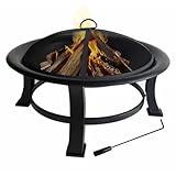 Four Seasons Courtyard 30" Steel Wood Burning Bowl Fire Pit Round Outdoor Backyard Patio Fireplace with Protective Spark Screen, Cover & Poker, Black