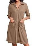 Ekouaer Women's Bathrobes with Pockets Waffle Bath Robes Summer Robes for Women Zipper Front Khaki