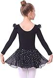 danswan Toddler Girls Long Sleeve Ballet Leotards Dance Dresses Tutu Outfit Ballerina with Glitter Skirt (4-5T, Black)