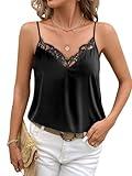 Ekouaer Women's Satin Camisole Lace Silk Satin Pajama Tank Tops V Neck Soft Spaghetti Strap Loose Sleepwear Black M