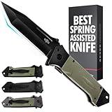 Grand Way Spring Assisted Knife - Survival Tactical Knife with Black Tanto Blade - Pocket Knives & Folding Knives for Hunting Camping Self Defense Military - Birthday Gifts for Men 6688 BG