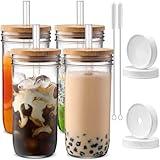 Glass Cups with Lids and Straws,24 oz Smoothie Cup with Lid and Straw-DWTS Boba Mason Jar,Wide Mouth Reusable Drinking Glasses,Iced Coffee Cups Glass,Vasos De Vidrio【4 Pack】