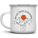 Never Stop Exploring Enamel Campfire Mug, Outdoor Enthusiast Camping Coffee Cup, Wanderlust Mountain Nature Hiking Camp Lover Gift (12oz)