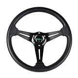 RASTP Universal Racing Steering Wheel 13.8”/350mm 6 Bolts Grip Vinyl Leather & Aluminum with Horn Button for Car -Black