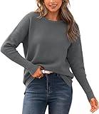 BTFBM Casual Women 2024 Fall Sweater Long Sleeve Ribbed Knit Pullover Loose Crewneck Batwing Split Sweater(Solid Dark Grey,Medium)