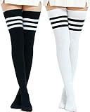 Kayhoma Extra Long Cotton Stripe Thigh High Socks Over the Knee High Stockings, Black and White, 2 Pairs…