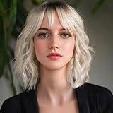 MINLEE Platinum Blonde Wig with Bangs for Women 14 Inch Short Bob Wavy Curly Wig Ombre Blonde Hair Wigs Heat Resistant Synthetic Wigs