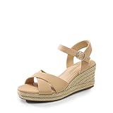 DREAM PAIRS Espadrille Dressy Wedge Sandals, Women's Platform Sandals Casual Summer, Comfortable High Heeled Wedges with Adjustable Buckle,Sdpw2408w,Nude-Nubuck,Size 7.5