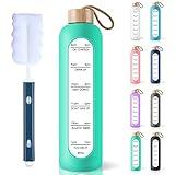 PROBTTL 32 Oz Borosilicate Glass Water Bottle with Time Marker Reminder Quotes, 1 Liter Leak Proof Reusable BPA Free Motivational Water Bottles with Silicone Sleeve and Bamboo Lid (Aqua)