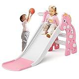 67i Toddler Slide Indoor Slide for Toddlers Age 1-3 Slide for Kids Slide Toddler Kids Indoor Outdoor Slide Baby Slide Plastic Slide Play Slide with Basketball Hoop and Ball Foldable Slide (Pink)