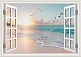 Fake Window Sticker Wall Decal Landscape Sunset Beach Ocean Seascape Mural Office Poster Picture Wall Art Decor, Stick and Peel Wallpaper Natural Scenery Wall Decol Scene（48"x32",Set of 2 Sheets）