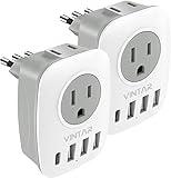 [2-Pack] Italy Power Adapter, VINTAR Italy Travel Plug Adapter with 1 USB C, 2 American Outlets and 3 USB Ports, 6 in 1 Outlet Adaptor, 3 Prong Grounded Plug for USA to Italy Uruguay Chile (Type L)