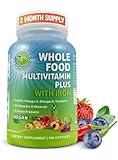 Vegan Whole Food Multivitamin with Iron, Daily Multivitamin for Women and Men, Made with Fruits & Vegetables, B-Complex, Probiotics, Enzymes, CoQ10, Omegas, Turmeric, Non-GMO, 180 Count