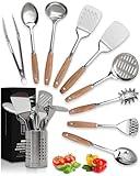 Stainless Steel Cooking Utensils, Stainless Steel Utensils Set, Stainless Steel Kitchen Utensils, Stainless Steel Cooking Utensils Set, Metal Cooking Utensils Set, Wood Cooking Utensils Set (Silver)