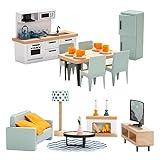 Giant bean 35 PCS Wooden Plastic Dollhouse Furniture Set, Kitchen and Living Room Set, Blue Dollhouse Accessories Pretend Play Furniture Toys for Boys Girls & Toddlers