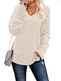 Womens Sweaters Long Sleeve V Neck Shirts Loose Casual Tunic Side Split Apricot