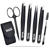 TsMADDTs Tweezers Set and Curved Scissors, Professional Stainless Steel Tweezers for Women and Men, 6 Pack Precision Tweezers For Eyebrows for Ingrown Hair, Daily Beauty Tool with Leather Travel Case