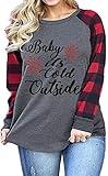 Plus Size Baby It's Cold Outside Christmas T Shirt Women Long Sleeve Plaid Splicing Tops Blouse Size XL Gray