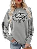 ALLTB Game Day Football Sweatshirt Women: Cute Football Graphic Print Pullover Long Sleeve Crewneck Casual Tops Light Grey