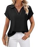 Timeson Summer Blouses for Women 2024： Short Sleeve - Work Shirts for Women - Business Professional Attire Chiffon Collared Tunic Trendy Formal Ladies Office Tops No Iron Job Interview Outfits Black M