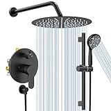 SR SUN RISE 12 Inch Slide Bar Shower System, Round Shower Faucets Sets Complete Rain Shower head and 6-Spray Handheld Combo, Wall Mounted Dual Shower Faucet Included Valve and Trim Kit, Matte Black