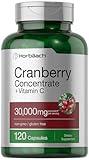 Horbäach Cranberry Concentrate Extract Pills + Vitamin C | 30,000mg | 120 Capsules | Triple Strength Ultimate Potency Formula | Non-GMO and Gluten Free Supplement