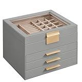 SONGMICS Jewelry Box with Glass Lid, 4-Layer Jewelry Organizer, 3 Drawers, for Big and Small Jewelry, Jewelry Storage, Modern Style, 8 x 9.1 x 6.5 Inches, Dove Gray and Gold Color UJBC173G01