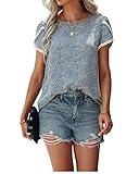 PRETTYGARDEN Women’s Shirts Summer Casual Crewneck Lace Crochet Short Sleeve Blouses Cute Floral Print Loose Tunic Tops (Large, A-Dot White Blue)