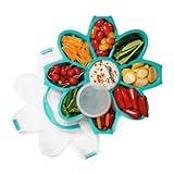 KOLORAE Daisy 9 Compartment Divided Party Snack Tray w/Dressing Cup & Lid – Portable, Reusable Food Storage w/Handle for Veggies, Fruits, Chips, Dips, Appetizers, Charcuterie, Game Day & Entertaining