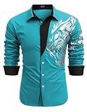 COOFANDY Mens Print Button Down Shirt Casual Stylish Long Sleeve Business Dress Shirts L Teal Lake Blue Animal