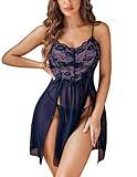 Avidlove Women's Lingerie Sexy Babydoll Lingerie Dress Exotic Nightgowns Lace Chemise Nightie Navy