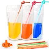 100PCs Drink Pouches with 100PCS Individual Wrapped Straws, Yamgqus Freezable Juice Pouches DIY Reclosable Zipper Drink Bags for Adults and Kids, Silicone Funnel Included - 17oz (100 Pack)