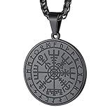 FaithHeart Norse Viking Compass Necklace for Men, Stainless Steel Norse Vegvísir Protective Guiding Medallion Pendant Neck Chains for Women-Black