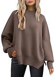 LILLUSORY Women's Oversized Batwing Sweaters 2024 Fall Outfits Crewneck Ribbed Knit Side Slit Trendy Pullover Tops Nutmeg L