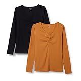 Amazon Essentials Women's Cinched V-Neck Long Sleeve Slim-Fit Rib-Knit T-Shirt, Pack of 2, Black/Caramel, Large