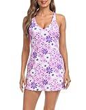 HDE Women's V-Neck Exercise Tennis Dress with Built in Bra and Separate Shorts Purple Retro Floral - S