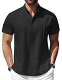 COOFANDY Men's Cotton Linen Henley Shirts Casual Banded Collar Shirt Short Sleeve Beach T Shirts Summer Hippie Party Wear Black