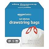 Amazon Basics Tall Kitchen Drawstring Trash Bags, 13 Gallon, 120 Count, Pack of 1