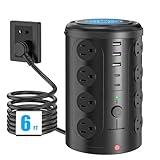 Power Strip Surge Protector Tower with 16 Outlets and 5 USB Ports (2 USB-C), 6ft Extension Cord with Multiple Outlets, 45° Flat Plug,21-in-1 Charging Station for Home Office Dorm Room Essentials Black