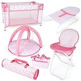 deAO Baby Doll Play Set 6 Pcs Accessories for 12-14’’ Baby Doll with Baby Doll Crib, High Chair, Play Mat, Storage Bag, Handbag,S Wing - 6 in 1 Pink Baby Dolls Playset with Furniture Toys Bed Set