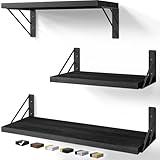 BAYKA Wall Shelves for Bedroom Decor, Floating Shelves for Wall Storage, Wall Mounted Rustic Wood Shelf for Books,Plants,Small Wall Shelf for Bathroom,Kitchen,Living Room(Black，Set of 3)