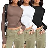 AUTOMET Womens 3 Pack Long Sleeve Shirts Fall Fashion 2024 Crop Tops Thermal Underscrubs Layer Basic Tight Slim Fit Workout Going Out Outfits Y2K Winter Clothes Teen Girls Black White Coffee Gray S