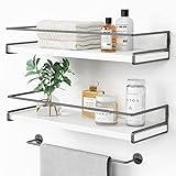 Forbena White Floating Shelves for Bathroom Organizer Over Toilet, Bathroom Shelves Wall Mounted with Towel Rack, Corner Wall Shelf for Bedroom Decor Kitchen Storage (White-Dark Grey, Set of 2)