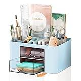 Pencil Pen Holder for Desk,2 Drawer Desk Organizers,5 Compartments Desktop Storage Stationery Supplies Organizer, Cute Pencil Cup Pot For Office, School, Home(Blue)