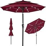 Best Choice Products 10ft 3-Tier Solar Patio Umbrella, Outdoor Market Sun Shade for Backyard, Deck, Poolside w/ 24 LED Lights, Tilt Adjustment, Easy Crank, 8 Ribs - Burgundy