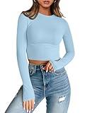 Trendy Queen Long Sleeve Tops for Women Basic Crop Going Out Tops Compression Slim Fitted Long Sleeve T Shirts Fall Outfits Teen Girls Clothes 2024 Y2K Shirts Baby Blue